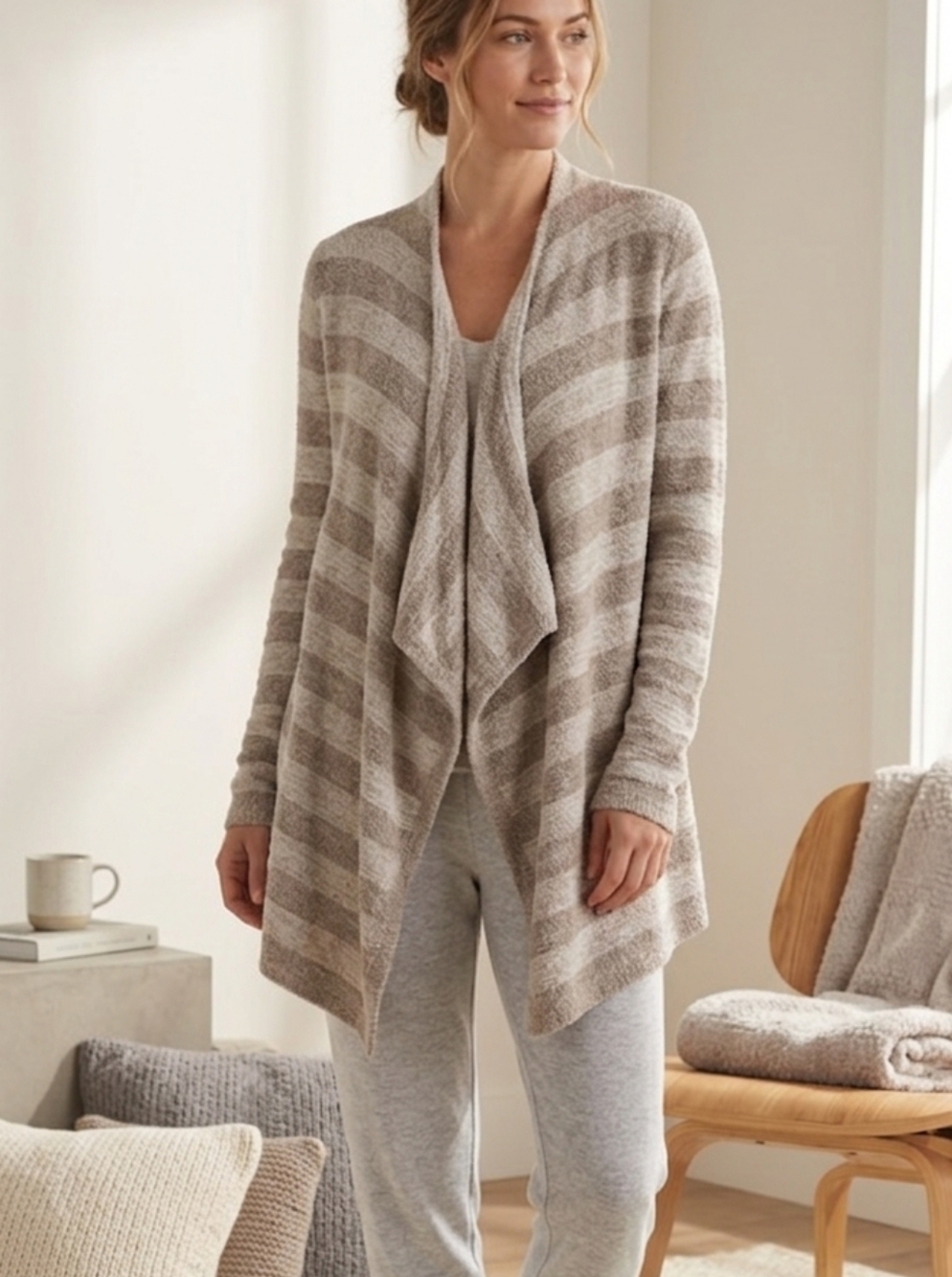 Barefoot Dreams Bamboo Chic Lite Open Wrap Cardigan 436 S/M Tan Stripe